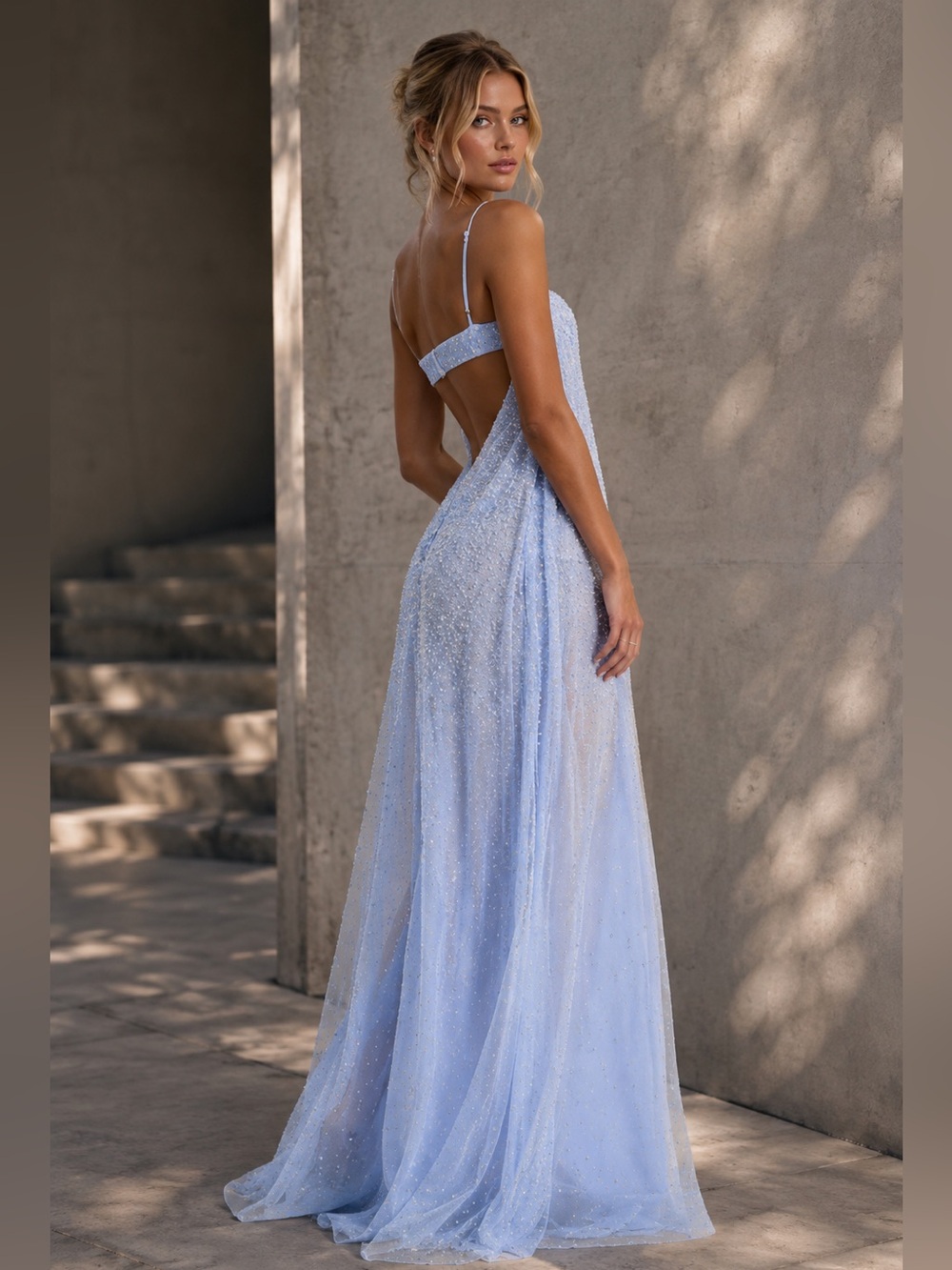 Wallie Baby Blue Rhinestone
Embellished Mesh Backless gown